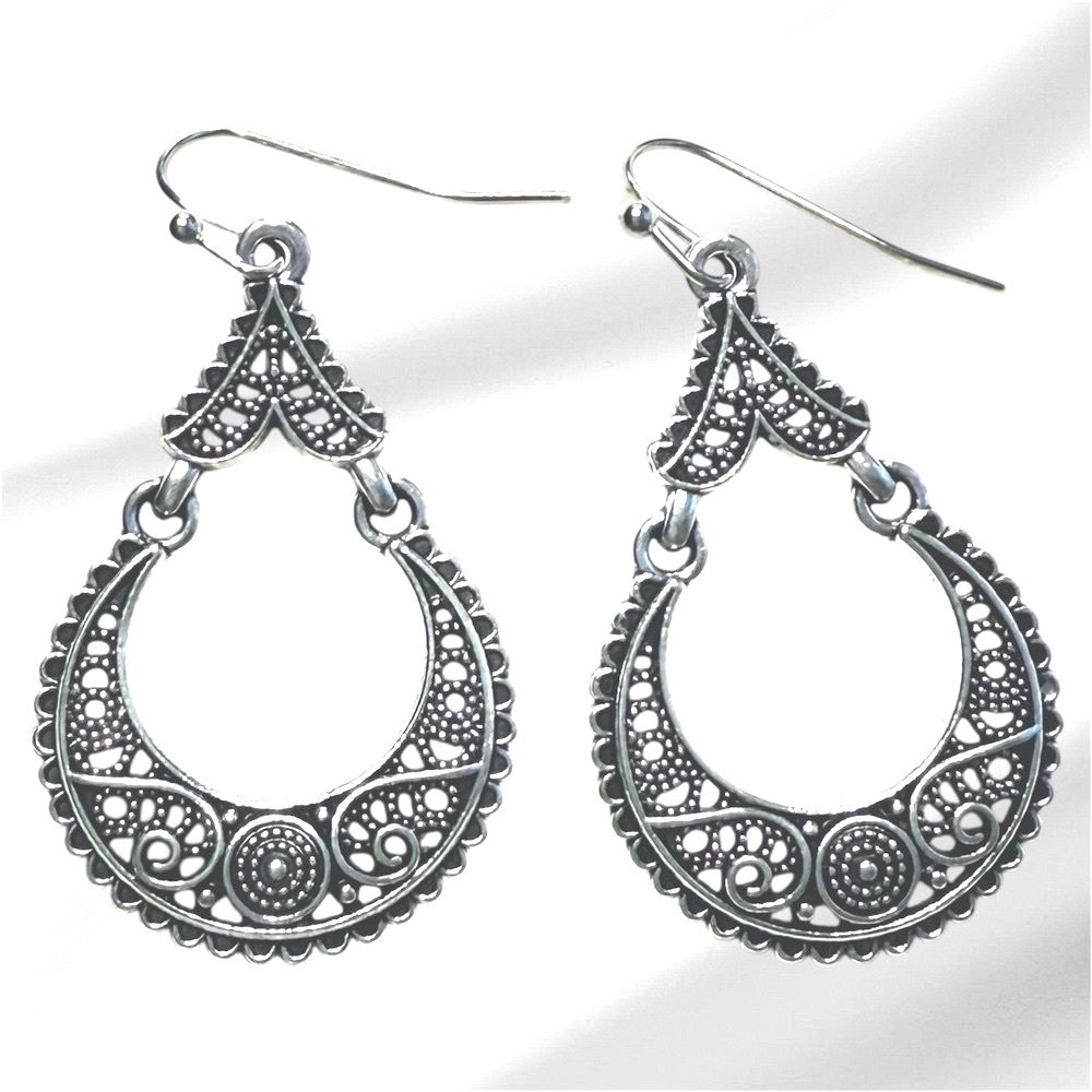 Bohemian Silver Filigree Drop Earrings